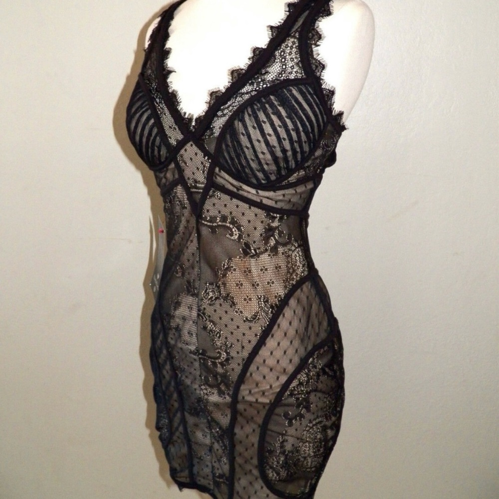 Bebe Corset Black and Nude Overlay Lace Lining Dress